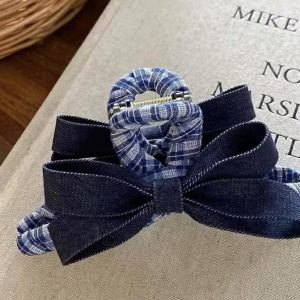 Kẹp Càng Cua Nơ Vải Denim Mix Caro Độc Đáo